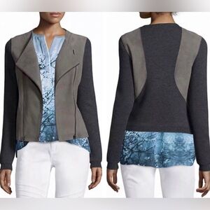 Elie Tahari Lamb Leather Merino Wool Patched Double Zippers Gray Jacket size XL